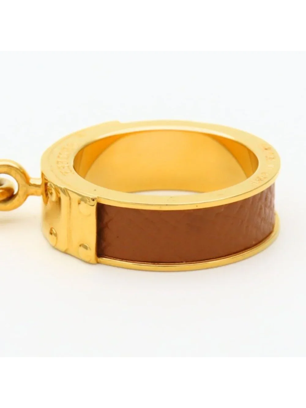 Hermes Scarf Ring Kelly Cadena Motif Metal Leather Gold Brown Plated - Picture 2 of 10